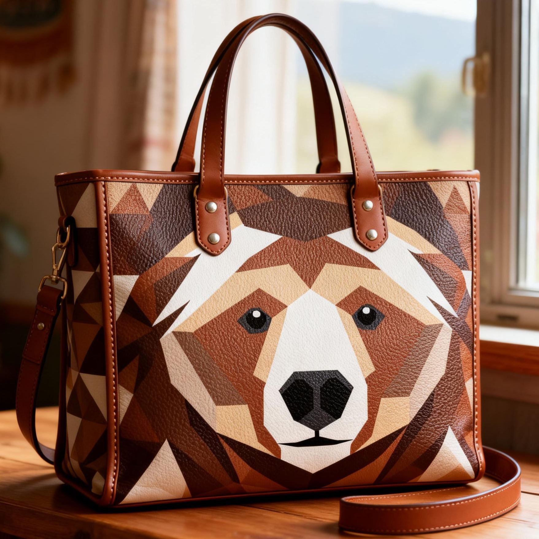 Geometric Brown Bear Vegan Leather Tote Bag Crossbody Handbag with Adjustable Strap
