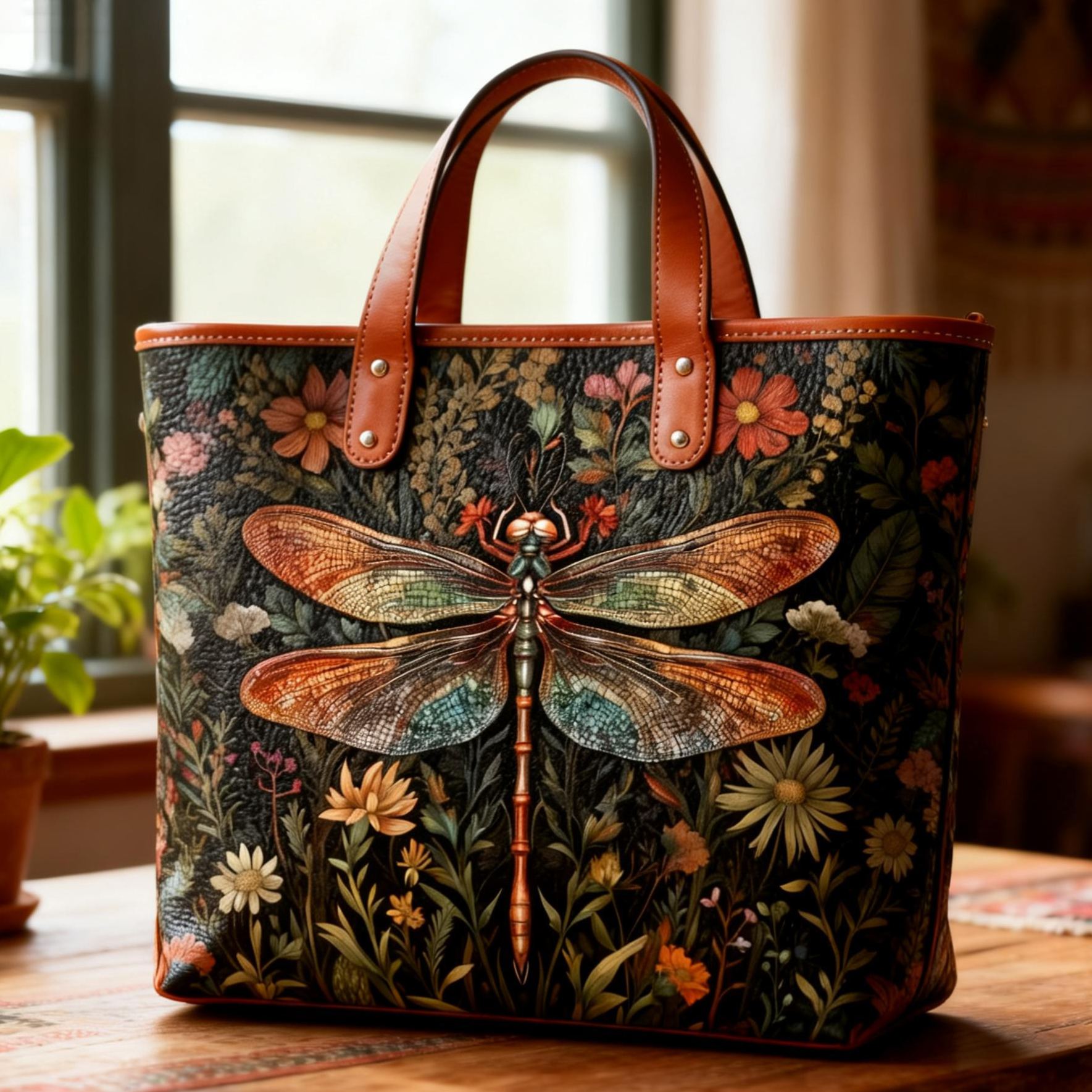 Botanical Dragonfly Vegan Leather Tote Bag Crossbody Handbag with Adjustable Strap