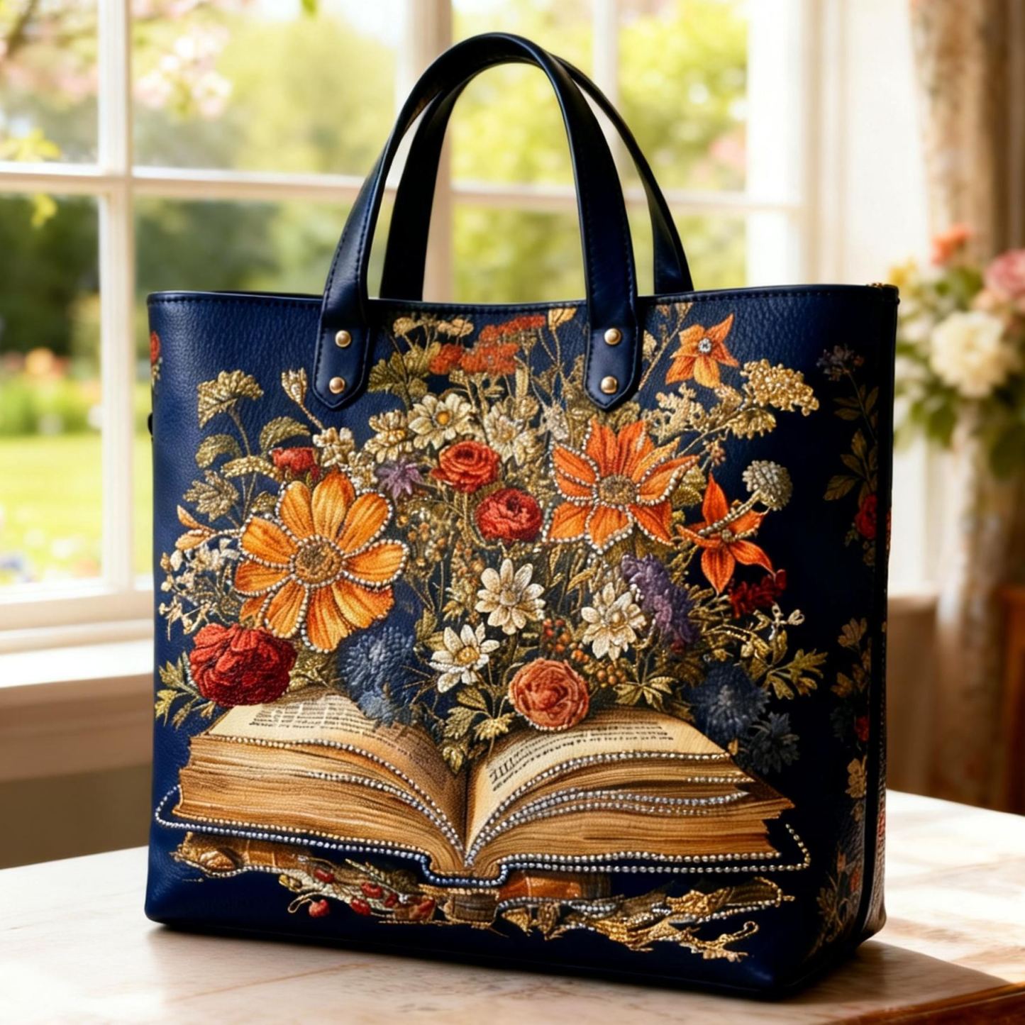 Vintage Literary Open Book Floral Embroidery Elegant Vegan Leather Tote Bag Crossbody Handbag with Adjustable Strap