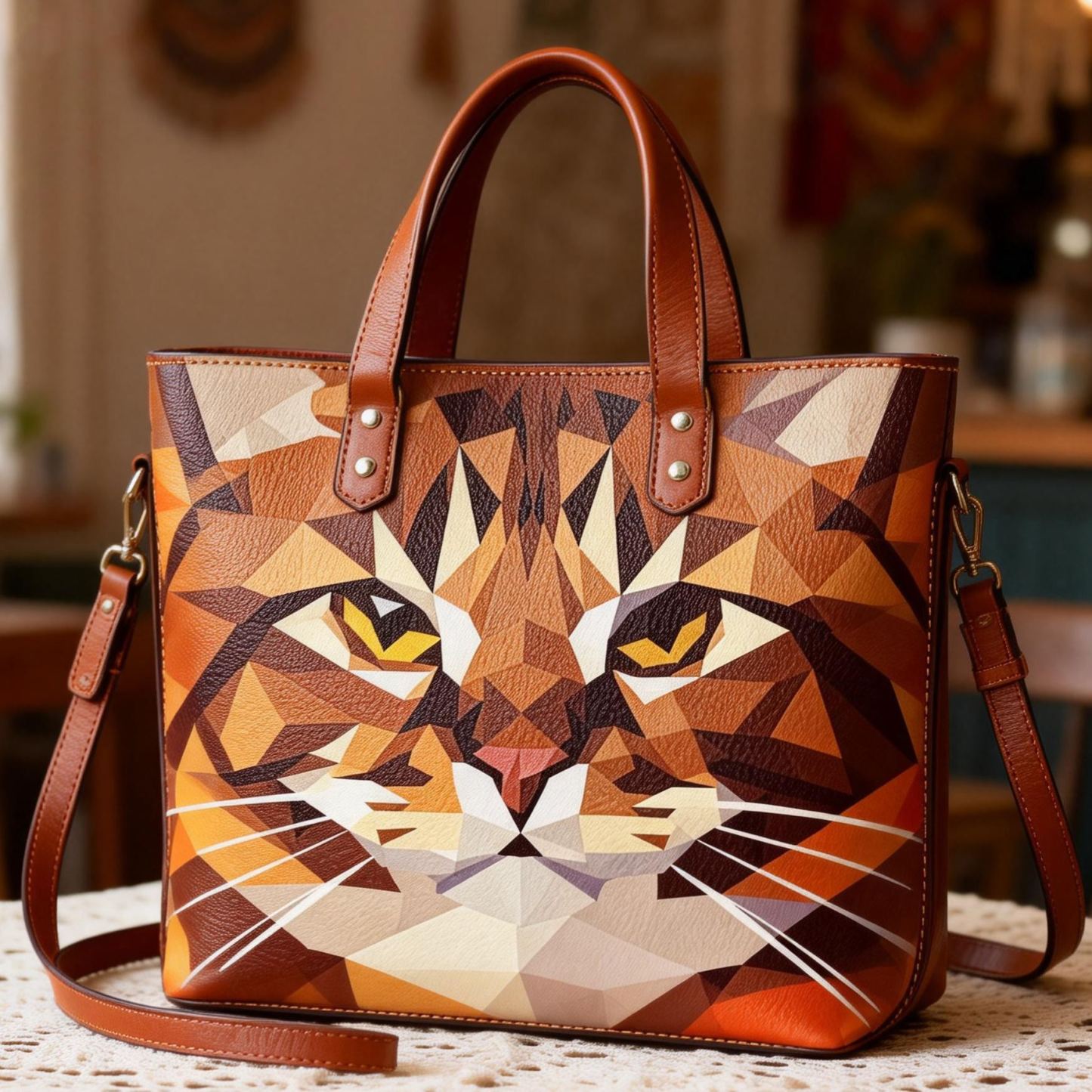 Geometric Tabby Cat Artistic Vegan Leather Tote Bag Crossbody Handbag with Adjustable Strap