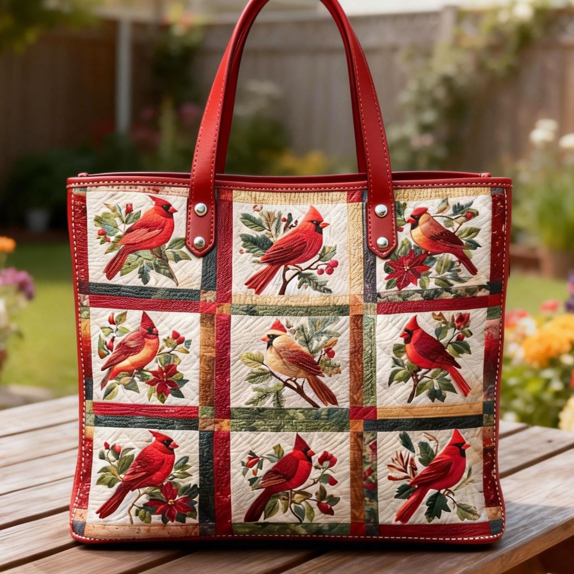 Vintage Quilted Cardinal Bird Vegan Leather Tote Bag Crossbody Handbag with Adjustable Strap
