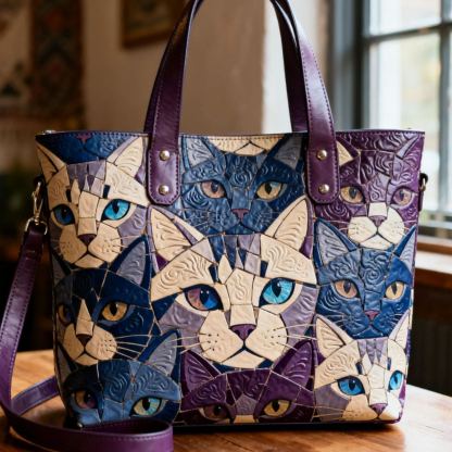 Vintage Mosaic Geometric Cat Vegan Leather Tote Bag Crossbody Handbag with Adjustable Strap