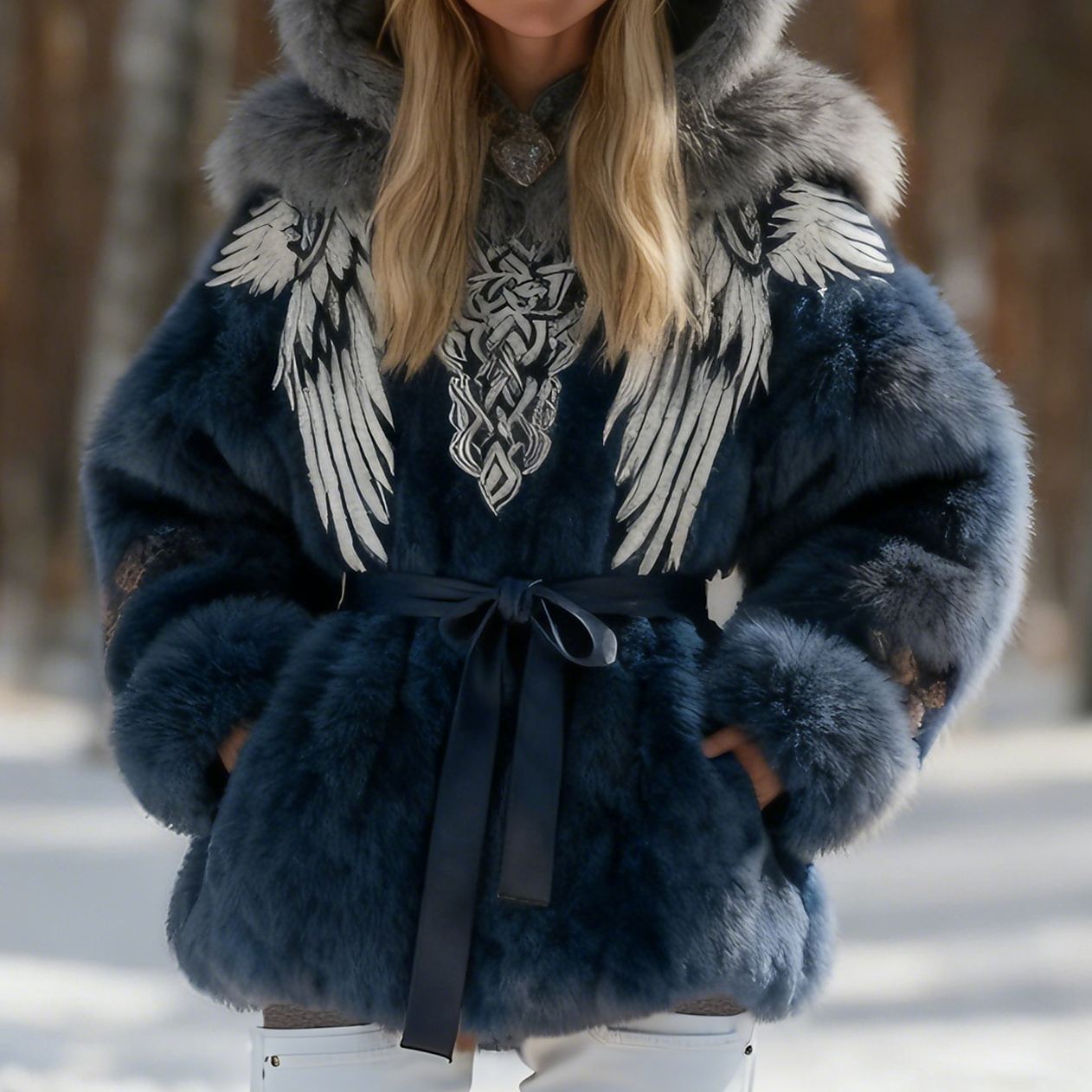 Viking Inspired Mythical Wing Embroidery Faux Fur Hooded Winter Coat 