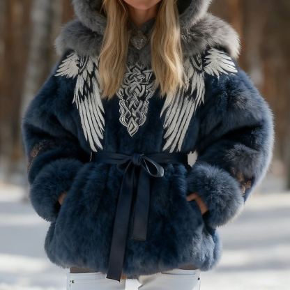 Viking Inspired Mythical Wing Embroidery Faux Fur Hooded Winter Coat 