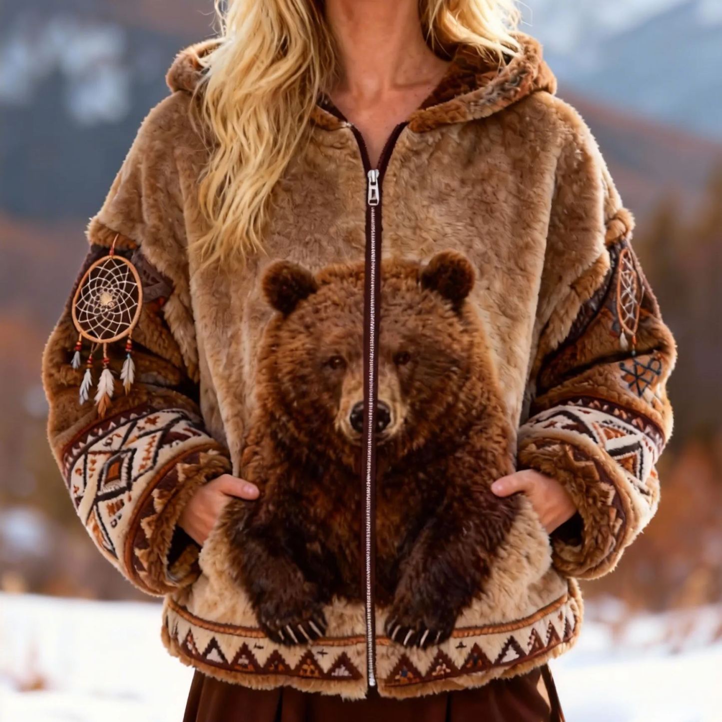 Brown Bear Ethnic Flannel Fleece Winter Jacket Hooded Coat