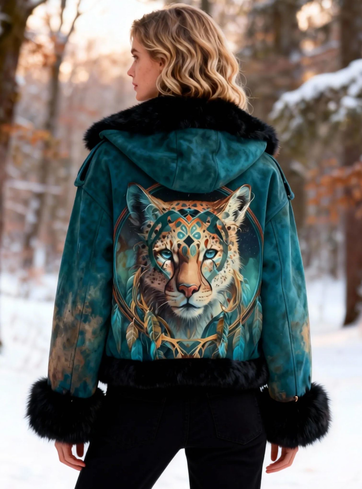 Vintage Mythical Cheetah & Dreamcatcher Leather Jacket with Faux Fur Trim