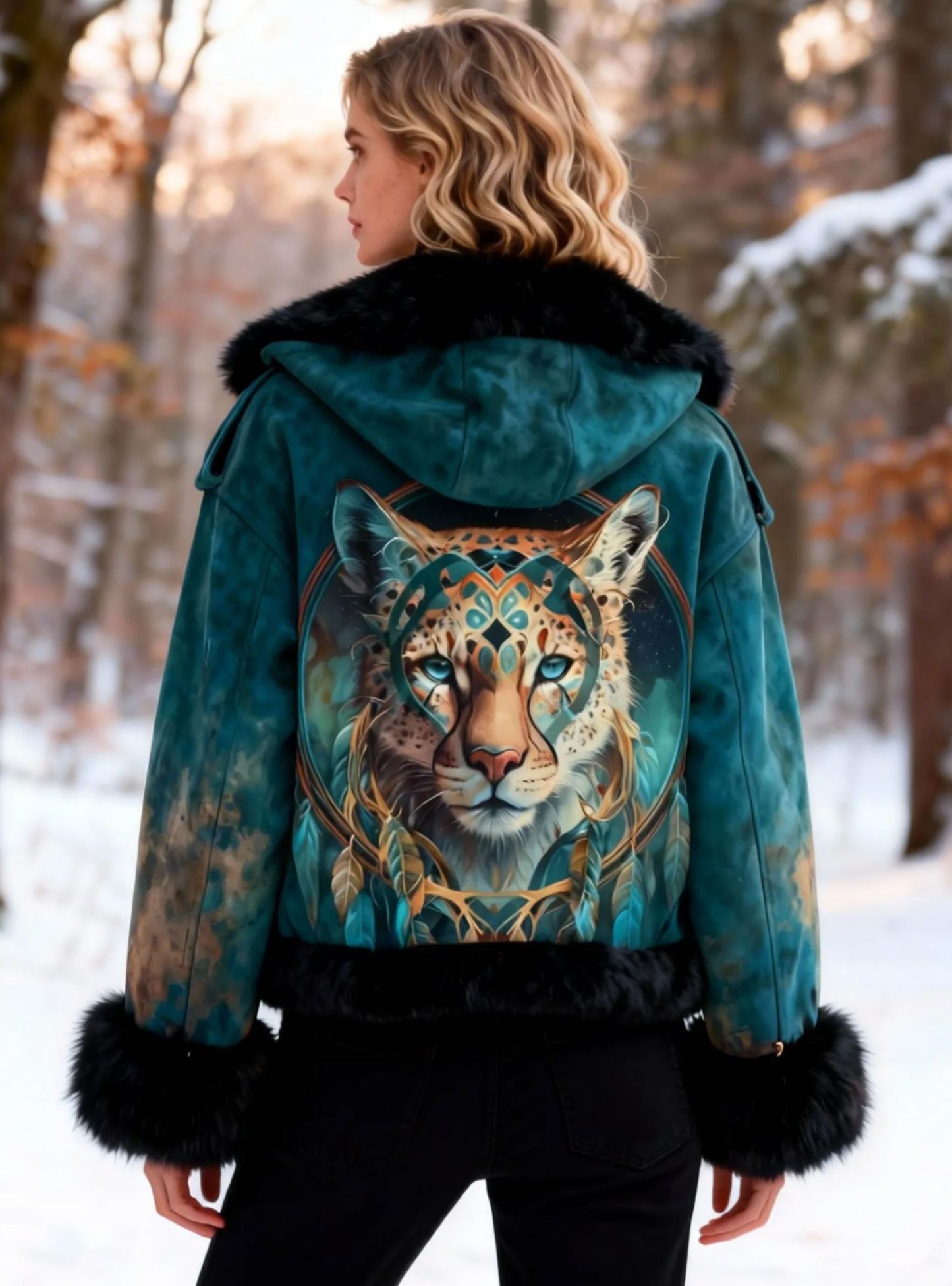 Vintage Mythical Cheetah & Dreamcatcher Leather Jacket with Faux Fur Trim