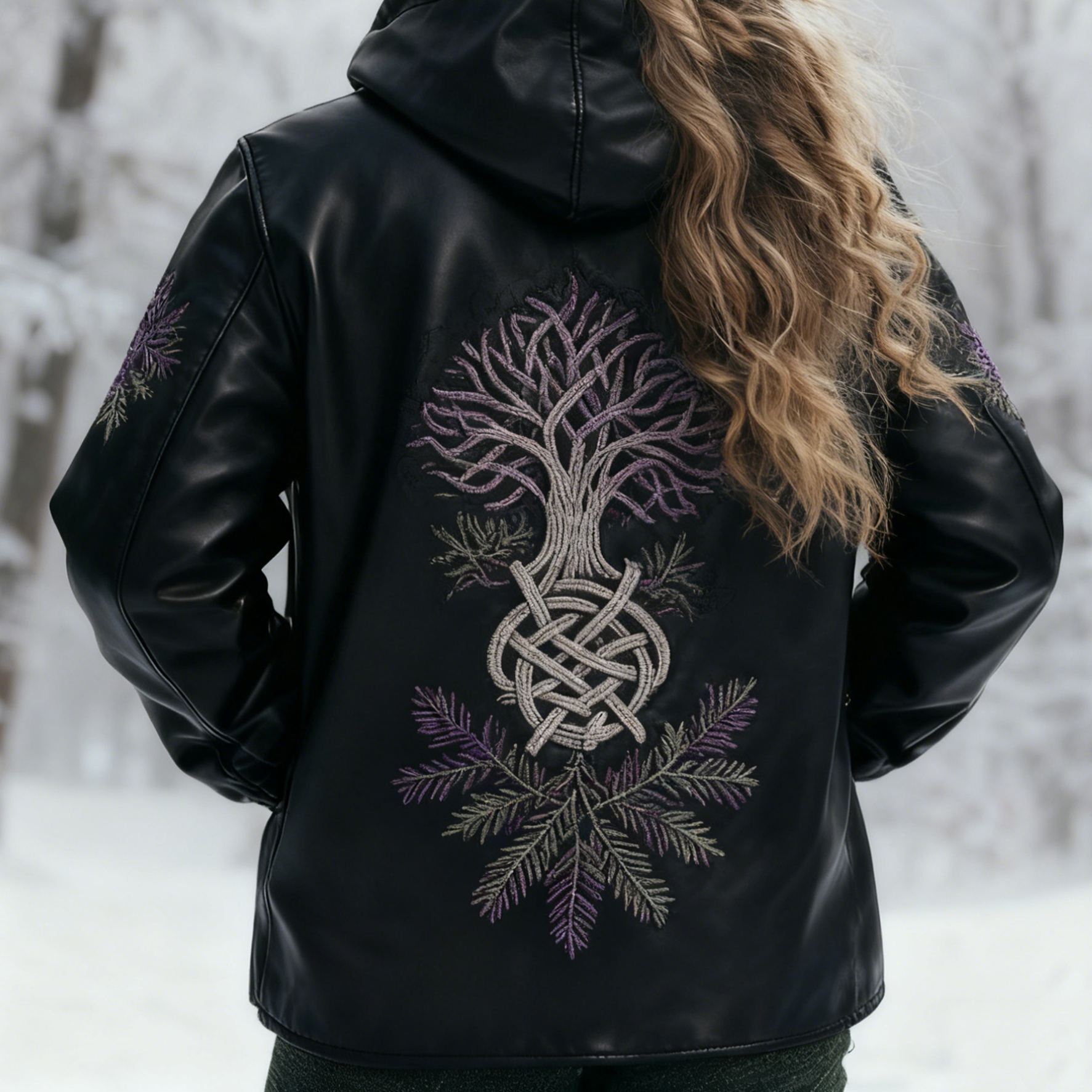Viking Yggdrasil Tree Nordic Knot Embroidered Black Leather Jacket 