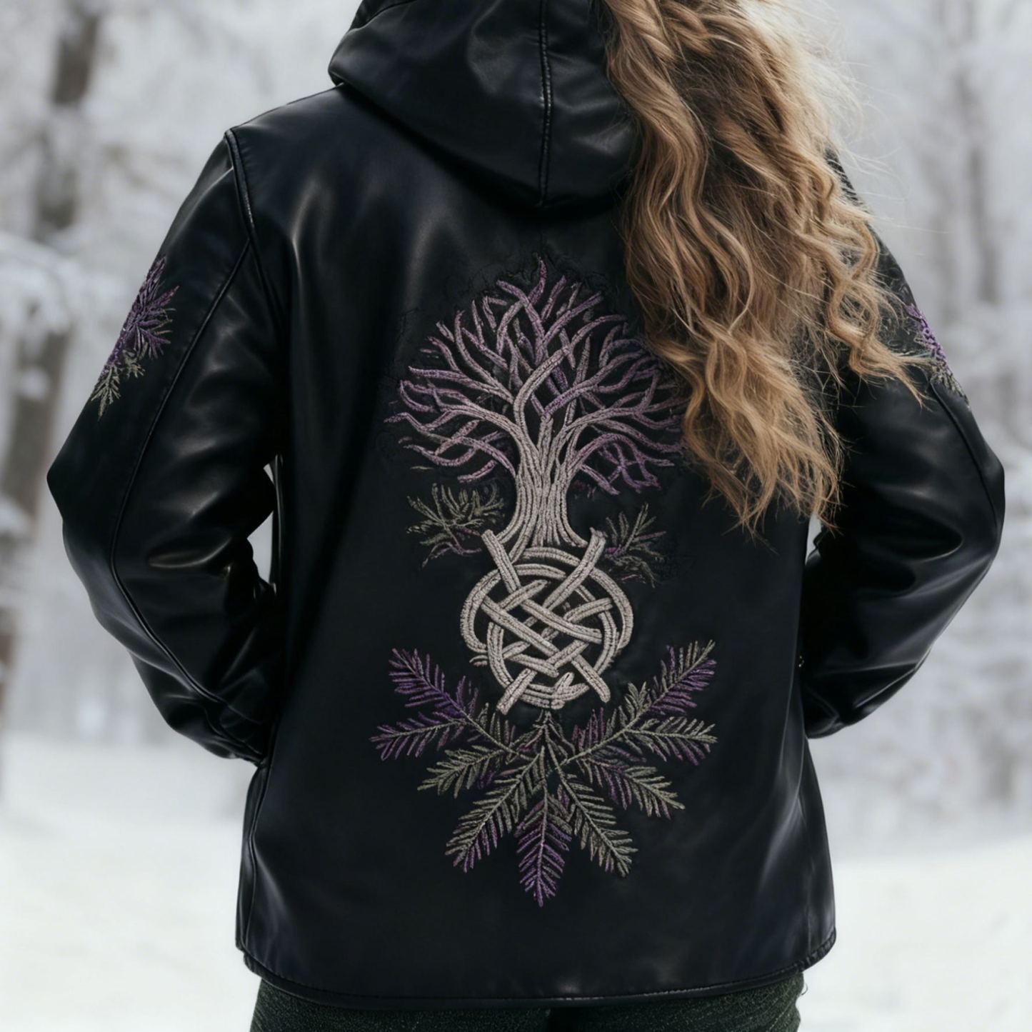 Viking Yggdrasil Tree Nordic Knot Embroidered Black Leather Jacket 