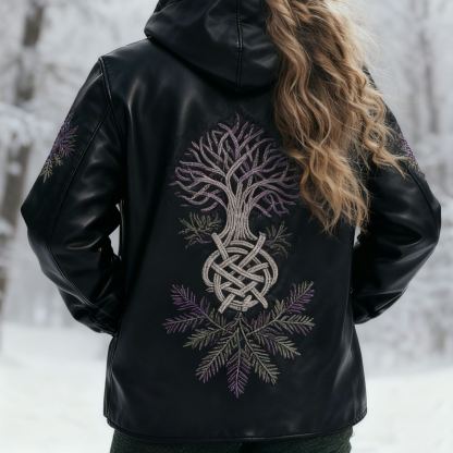 Viking Yggdrasil Tree Nordic Knot Embroidered Black Leather Jacket 