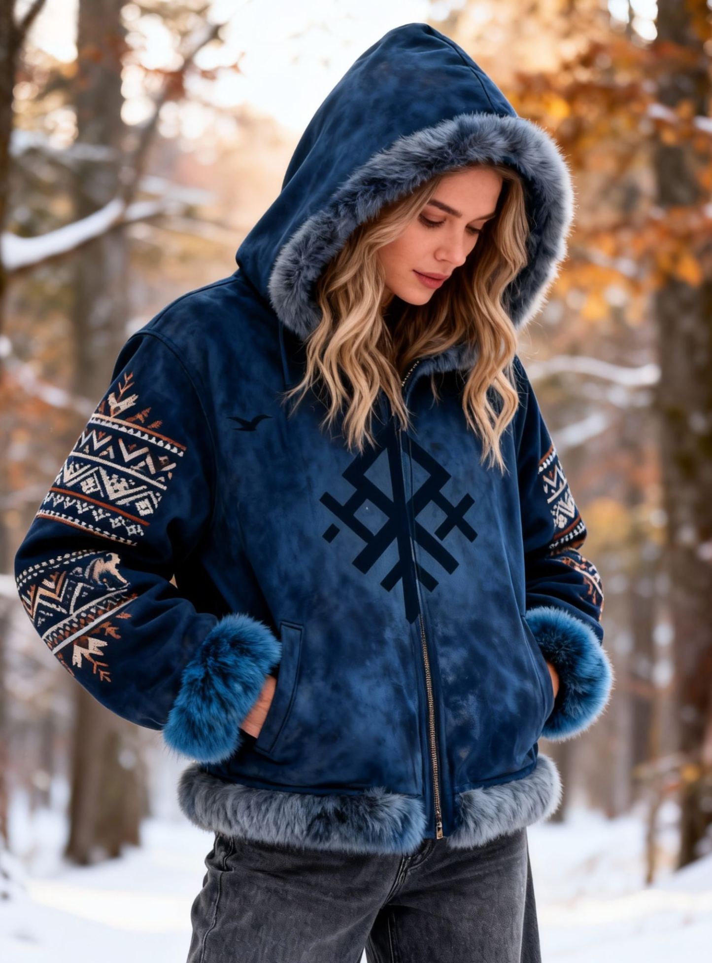 Valknut Symbol Nordic Ethnic Embroidery Winter Suede Jacket 