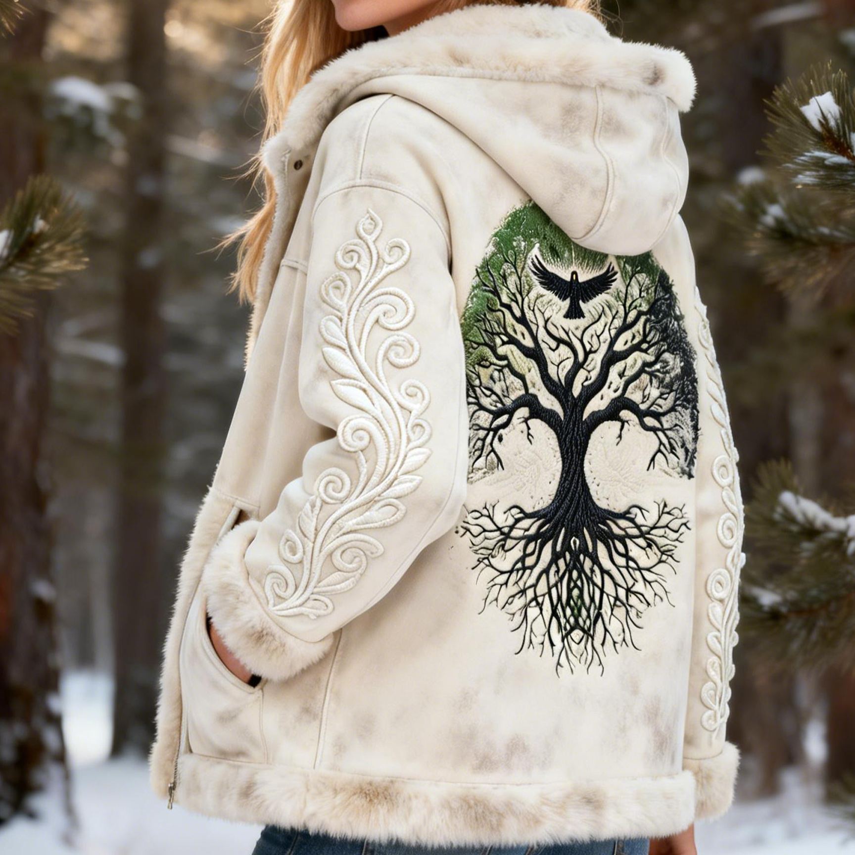 Nordic Yggdrasil Tree & Raven Embroidery Suede Coat 