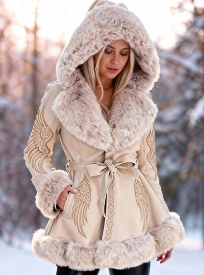 Viking Wing Embroidered Faux Leather Coat Faux Fur Collar & Waist Belt 