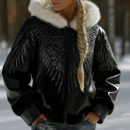 Mythical Wing Embroidered Black Faux Leather Coat 