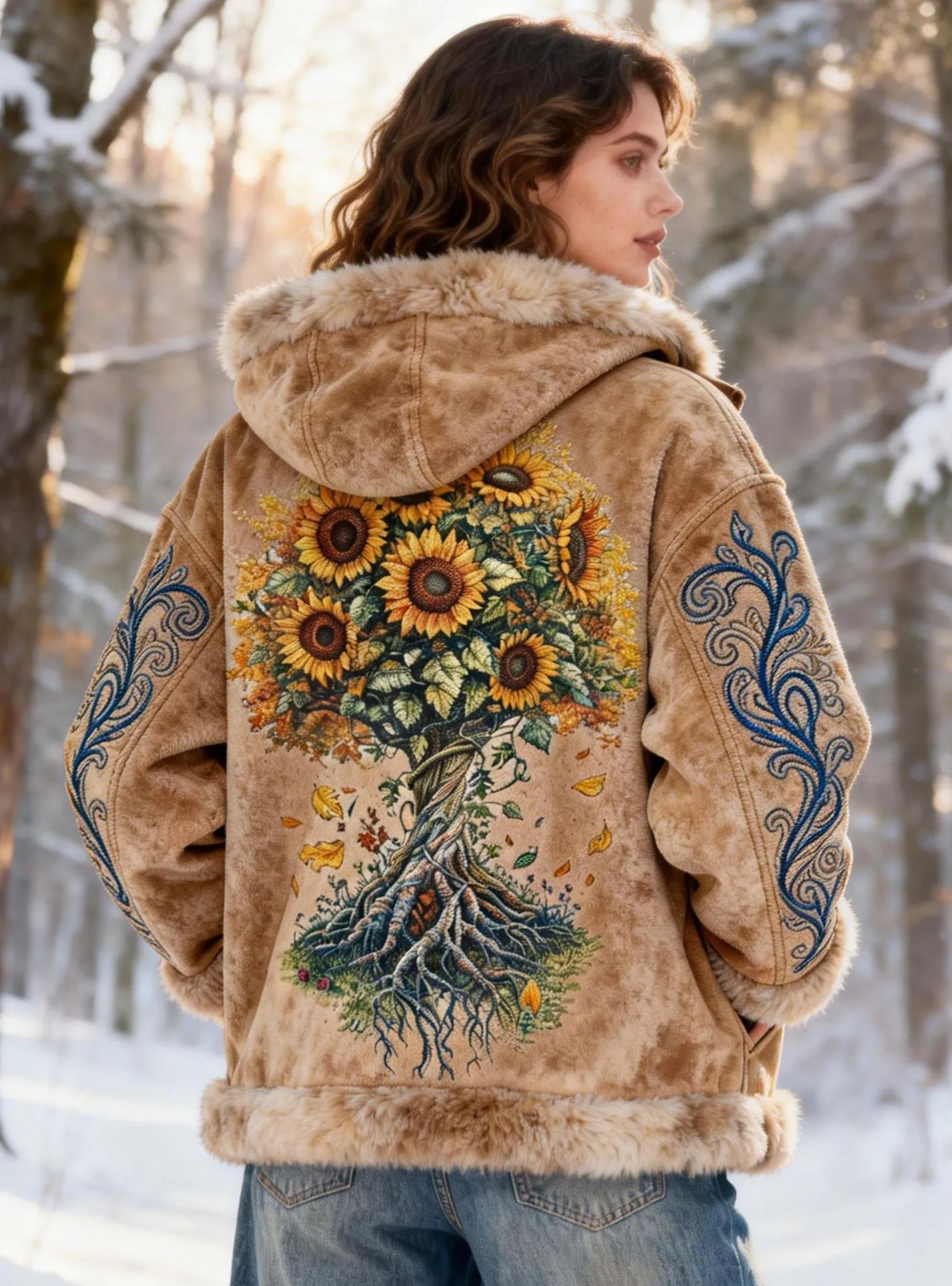  Sunflower Tree Embroidery Suede Coat Hooded Jacket