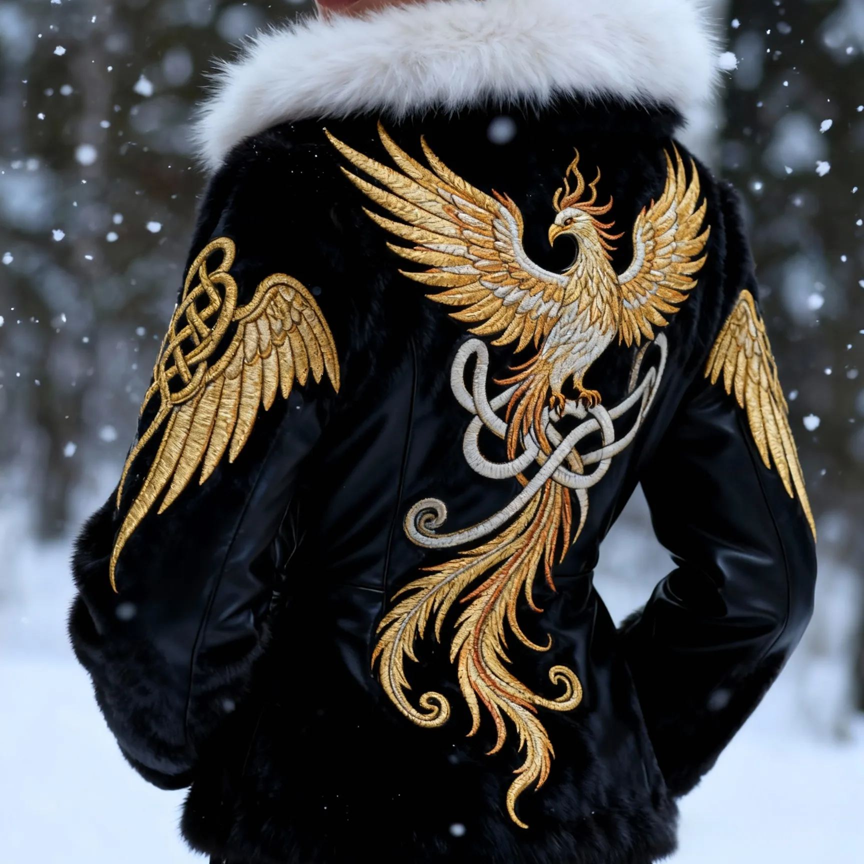 Golden Phoenix Embroidered Viking Knot Leather Jacket 