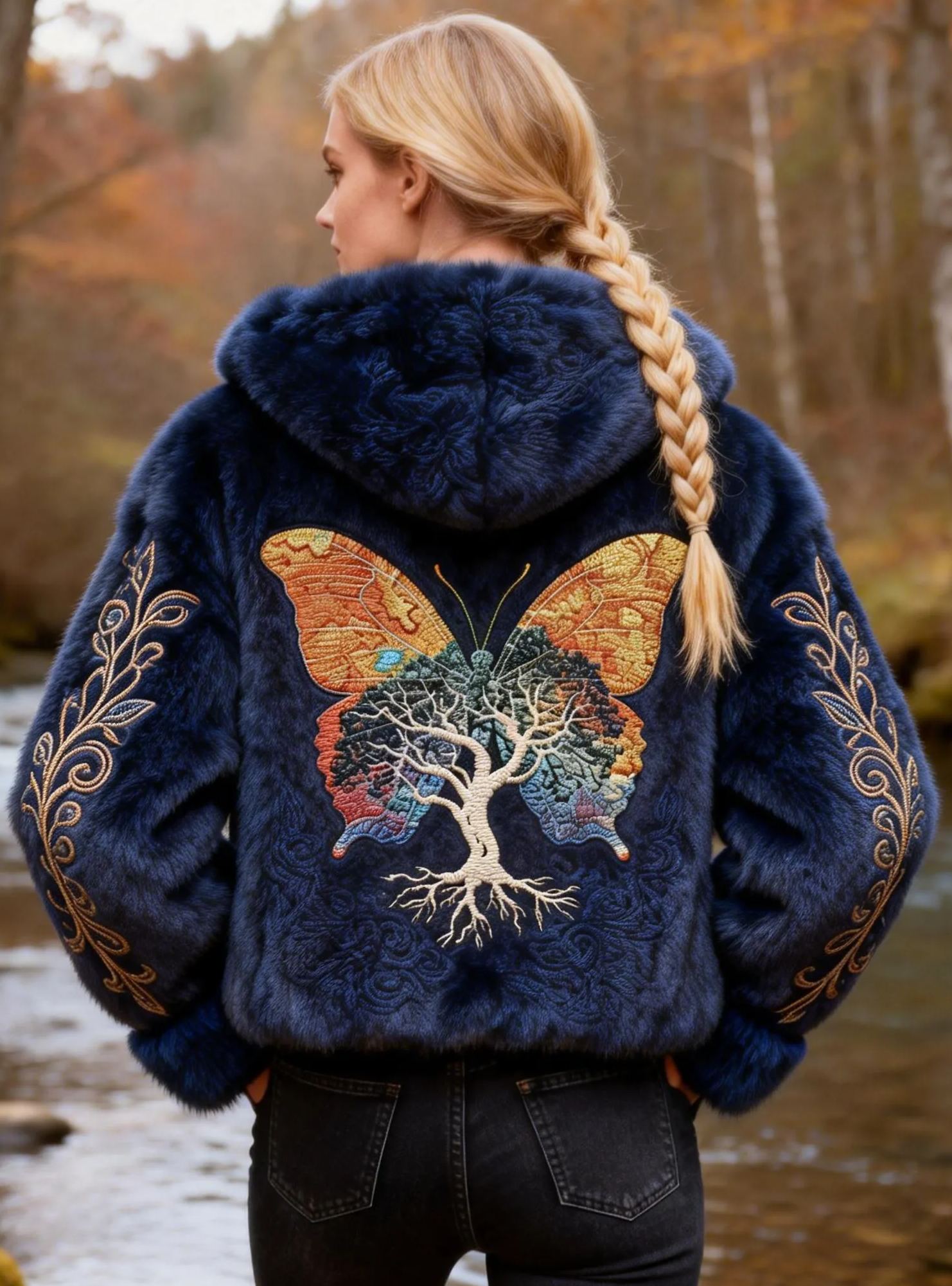 Butterfly & Tree Embroidery Faux Fur Hooded Coat 