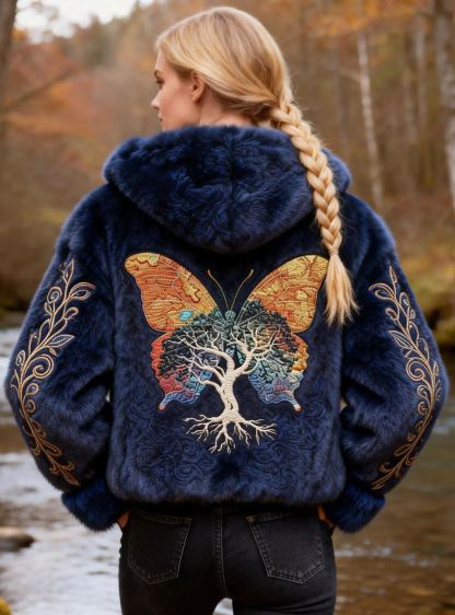Butterfly & Tree Embroidery Faux Fur Hooded Coat 