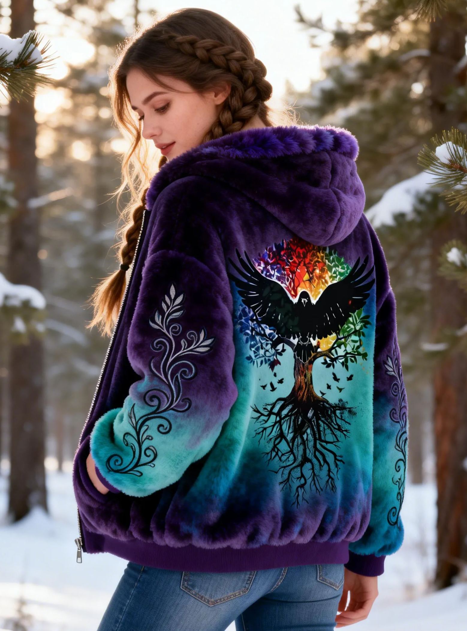  Raven & Rainbow Tree Print Embroidery Gradient Faux Fur Hooded Coat 