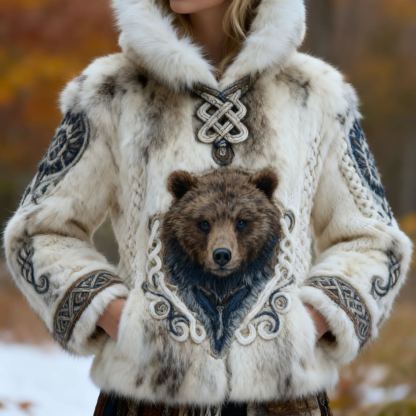 Brown Bear Motif & Viking Knot Faux Fur Hoodie 