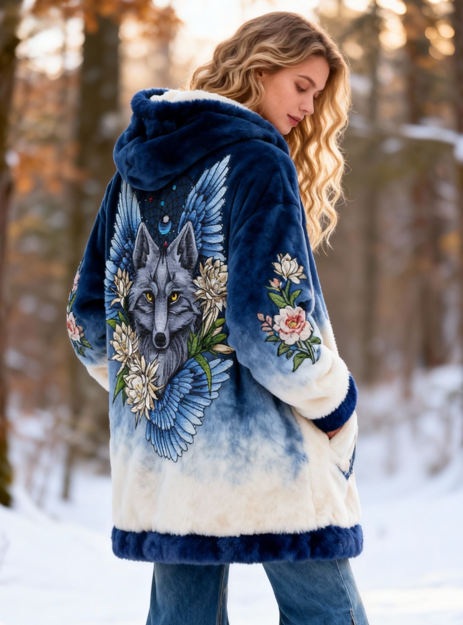  Winged Wolf & Floral Embroidery Gradient Flannel Fleece Hooded Coat 