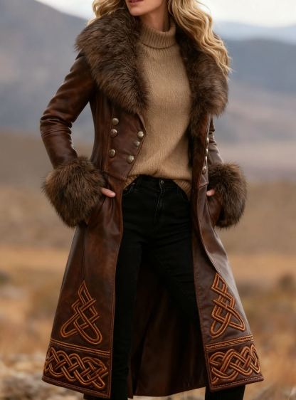 Fur Collar & Viking Knot Embroidery Double-Breasted Brown Faux Leather Trench Coat 