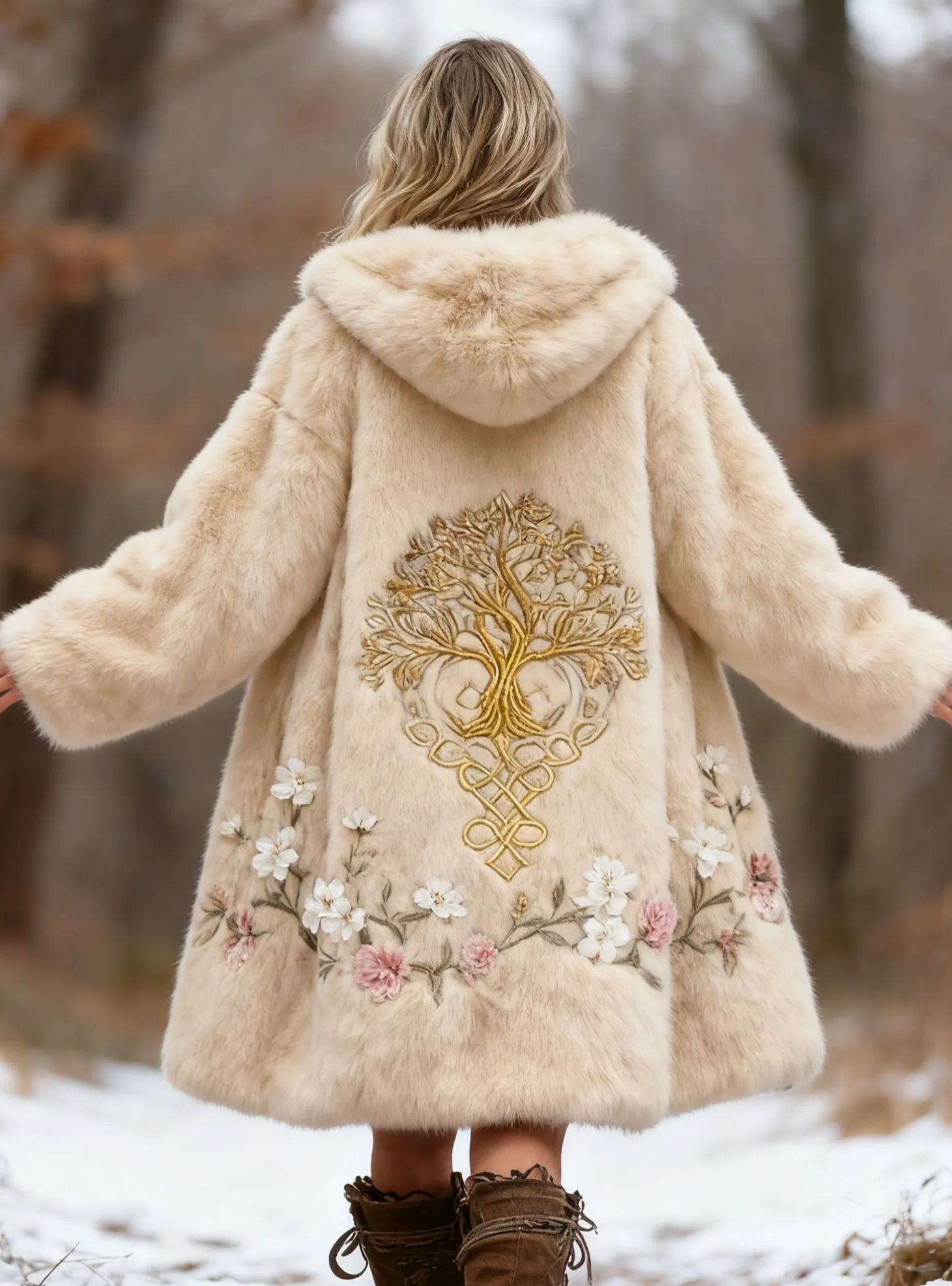 Golden Yggdrasil Tree & Floral Embroidery Hooded Beige Faux Fur Coat