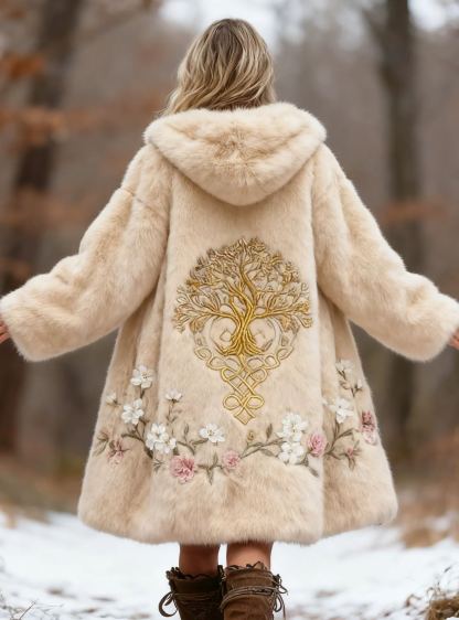 Golden Yggdrasil Tree & Floral Embroidery Hooded Beige Faux Fur Coat
