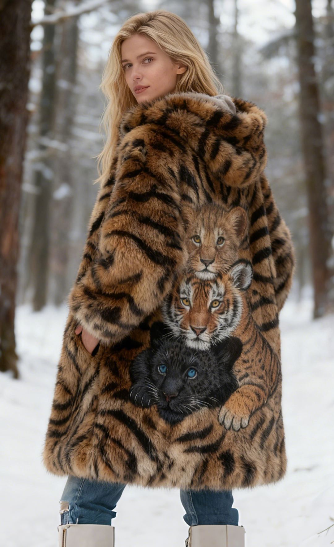 Cute Tiger & Panther Animal Embroidery Faux Fur Hooded Coat 