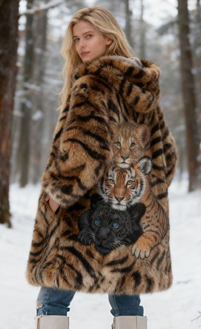 Cute Tiger & Panther Animal Embroidery Faux Fur Hooded Coat 
