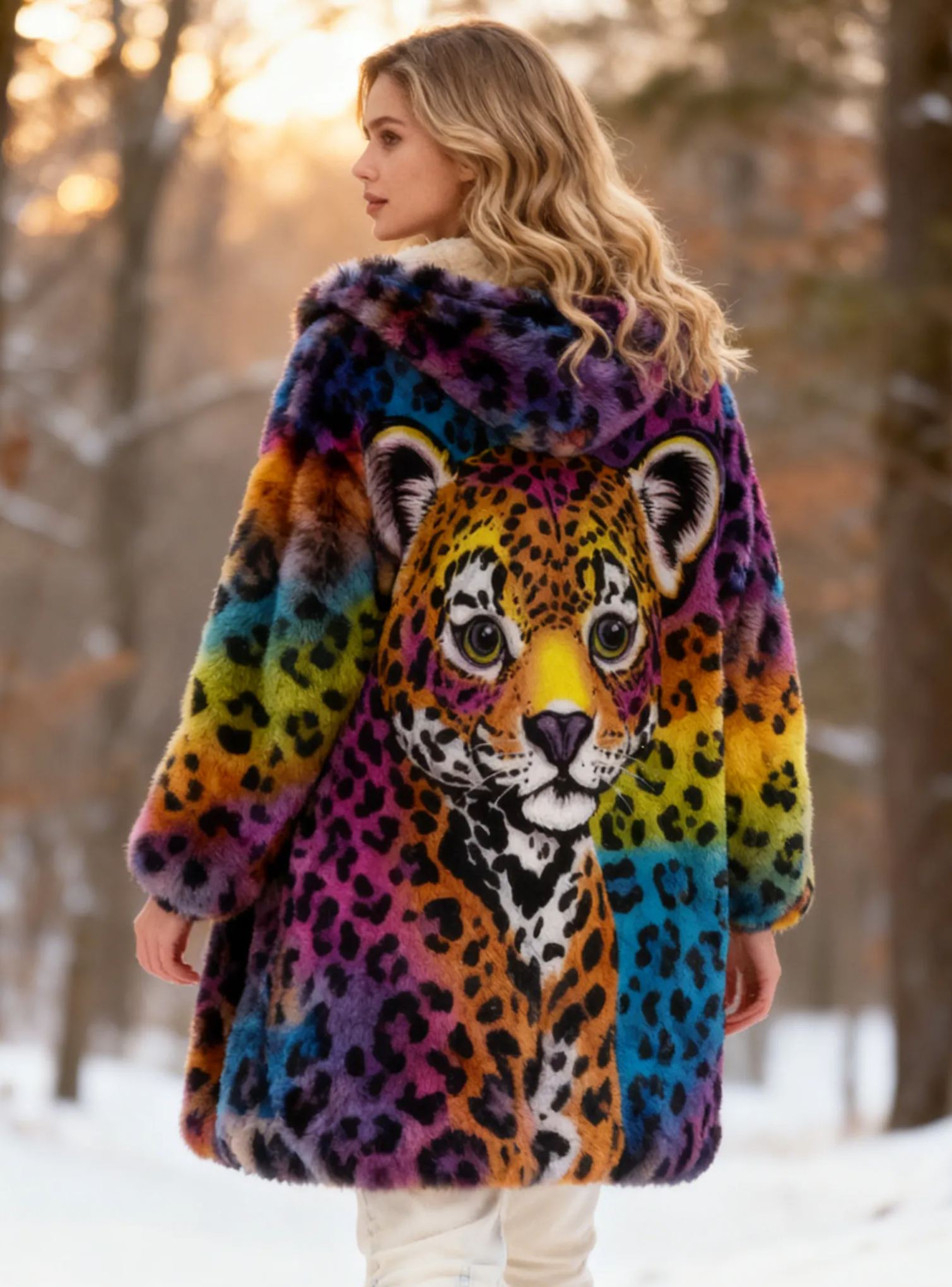 Adorable Baby Leopard Rainbow Leopard Print Faux Fur Hooded Coat 
