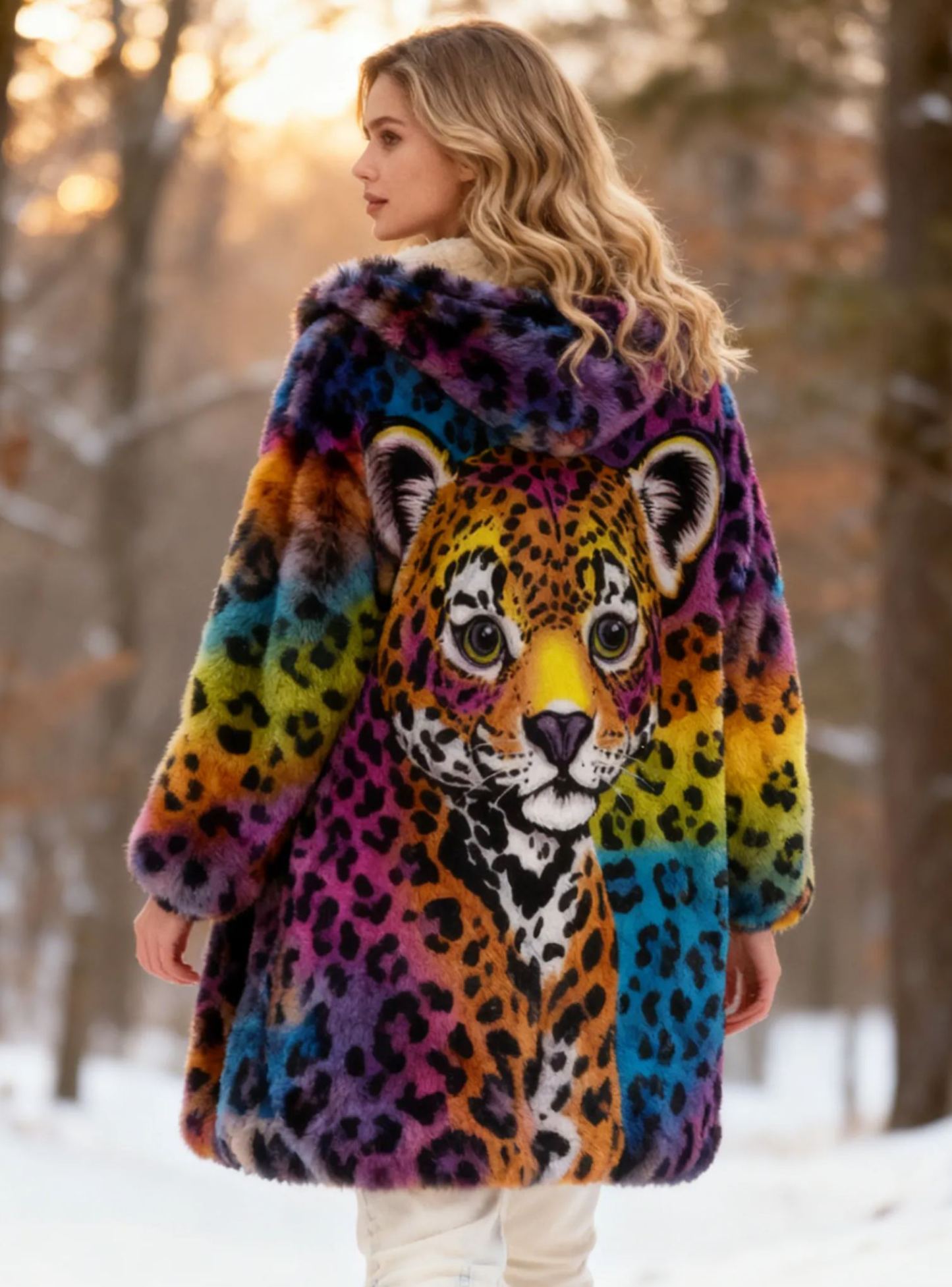 Adorable Baby Leopard Rainbow Leopard Print Faux Fur Hooded Coat 