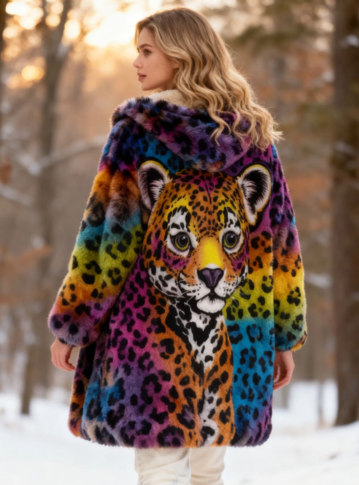 Adorable Baby Leopard Rainbow Leopard Print Faux Fur Hooded Coat 