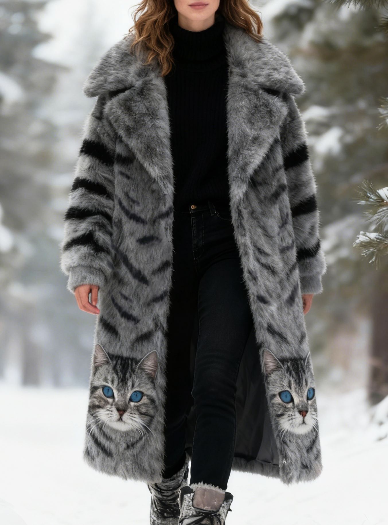 Cute Cat Face Print Winter Warm Faux Fur Long Coat Thick Outerwear
