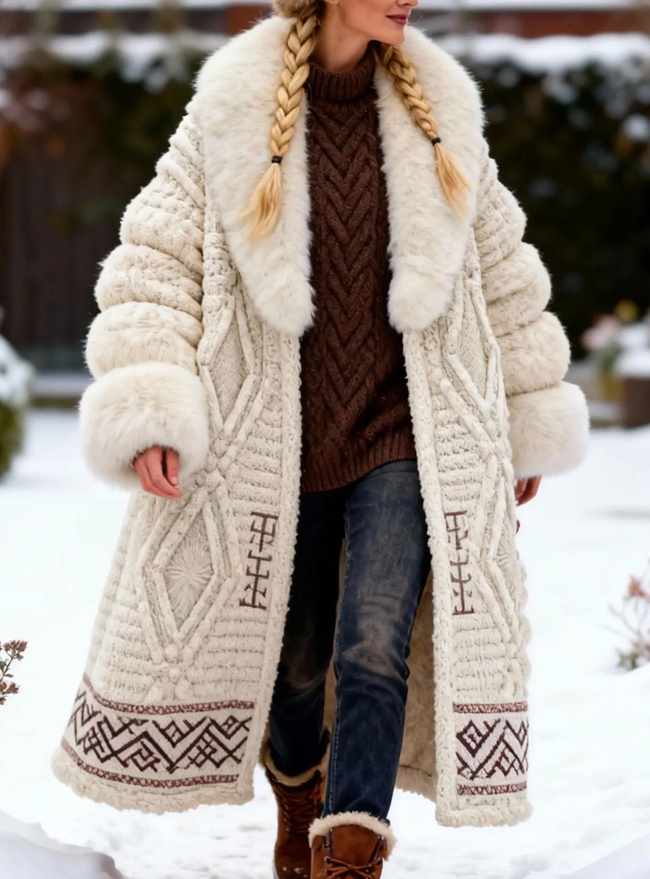  Ethnic Embroidery Long Warm Knit Winter Coat with Faux Fur Collar