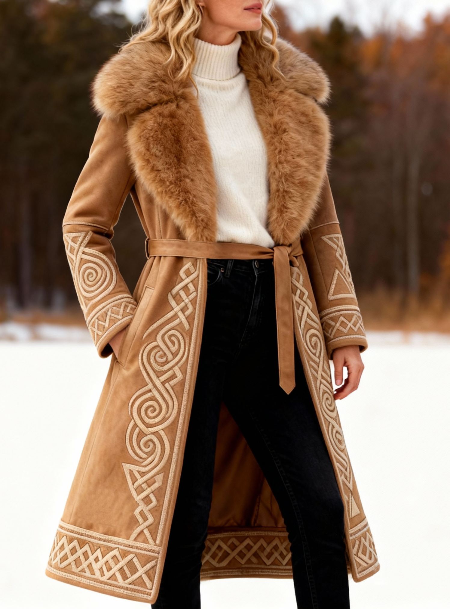 Celtic Embroidery Camel Suede Winter Coat with Faux Fur Collar Waist Belt Long Warm Outerwear