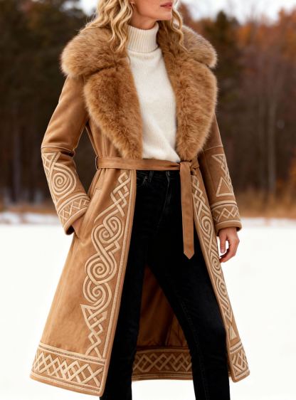 Celtic Embroidery Camel Suede Winter Coat with Faux Fur Collar Waist Belt Long Warm Outerwear