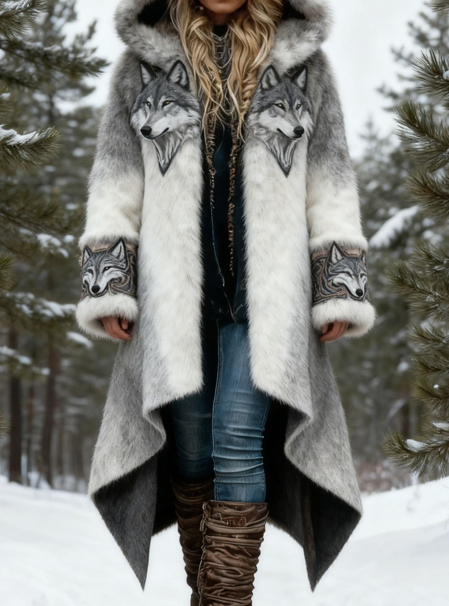 Vintage Viking Wolf Embroidery Asymmetrical Hem Gradient Faux Fur Hooded Coat Winter Warm Outerwear