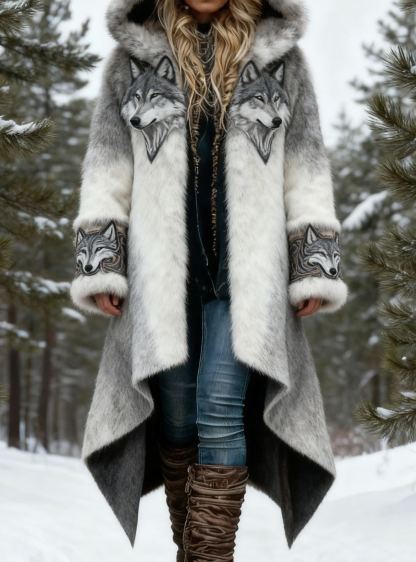 Vintage Viking Wolf Embroidery Asymmetrical Hem Gradient Faux Fur Hooded Coat Winter Warm Outerwear