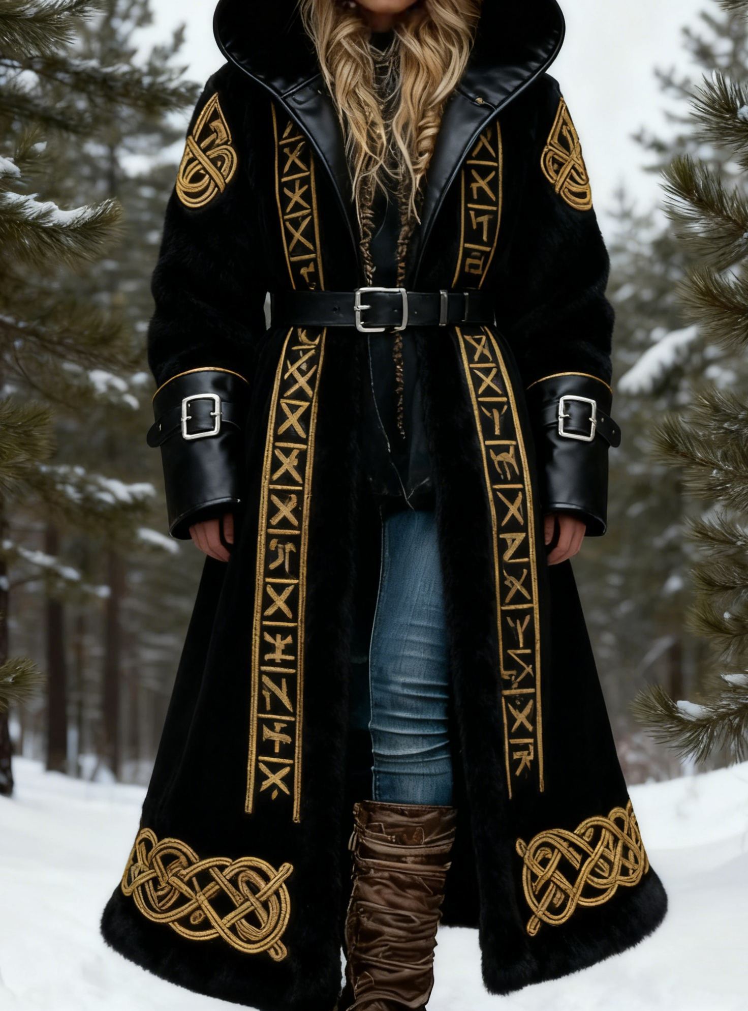 Gold Viking Runes & Knot Embroidery Faux Fur Winter Coat with Leather Waist Belt Hooded Long Outerwear