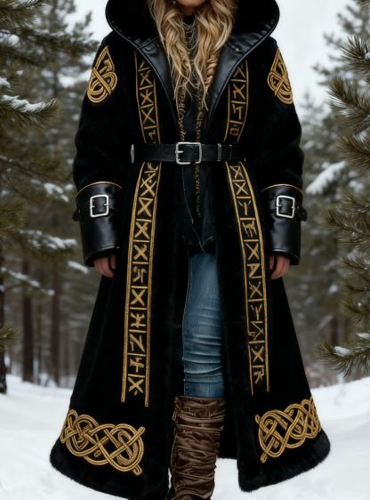 Gold Viking Runes & Knot Embroidery Faux Fur Winter Coat with Leather Waist Belt Hooded Long Outerwear