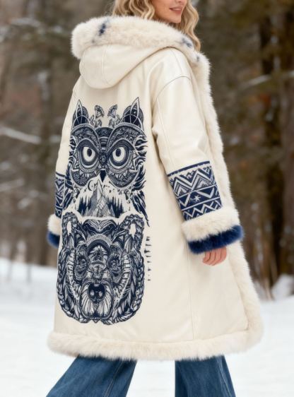 Owl & Bear Print Leather Hooded Winter Coat with Faux Fur Trim
