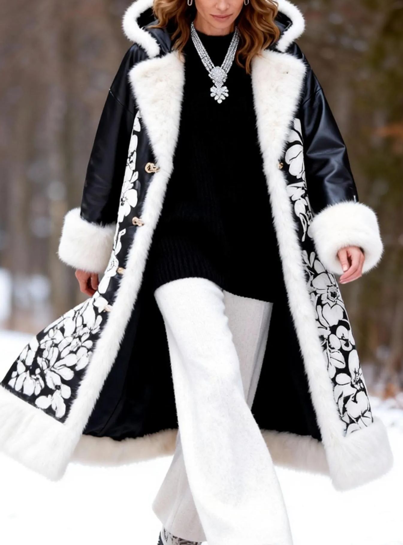  Floral Print Hooded Leather Winter Coat with Faux Fur Trim 