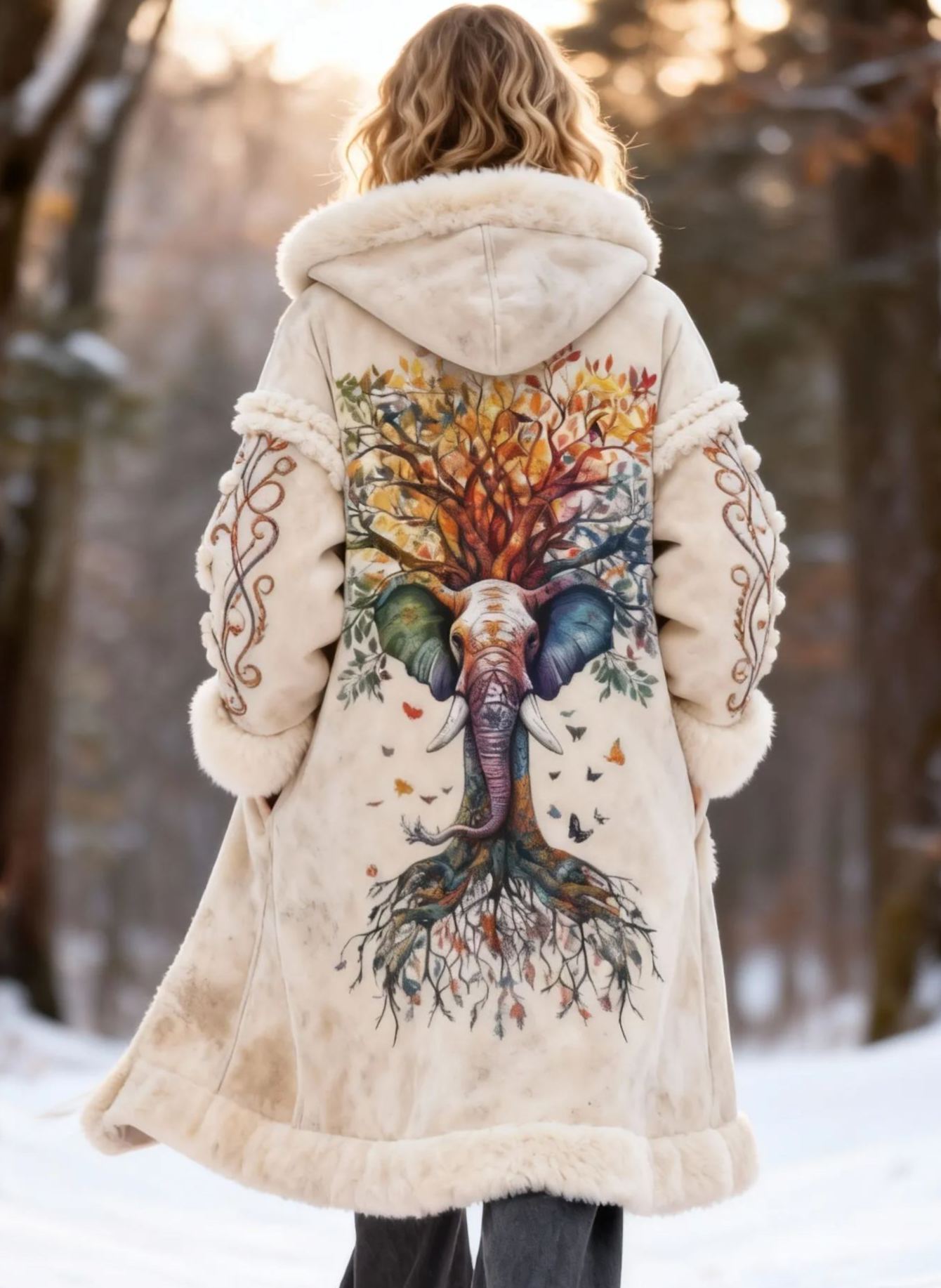 Colorful Elephant & Tree Print Faux Fur Hooded Winter Coat 