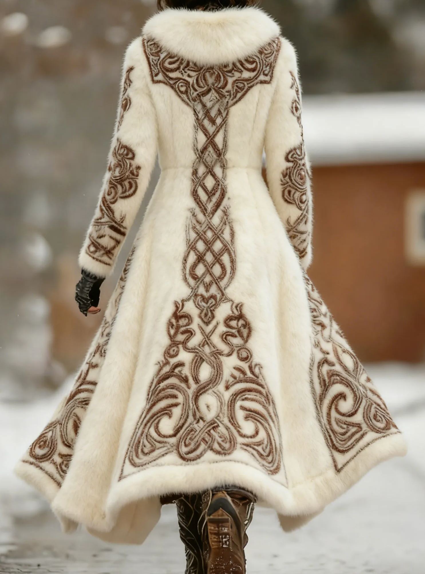 Viking Celtic Knot Embroidery Faux Fur Maxi Coat