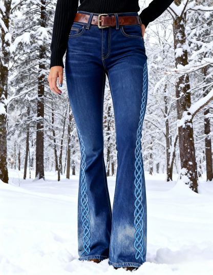 Celtic Braid Embroidery Dark Blue Flared Jeans Gradient Wash Denim Pants with Brown Leather Belt