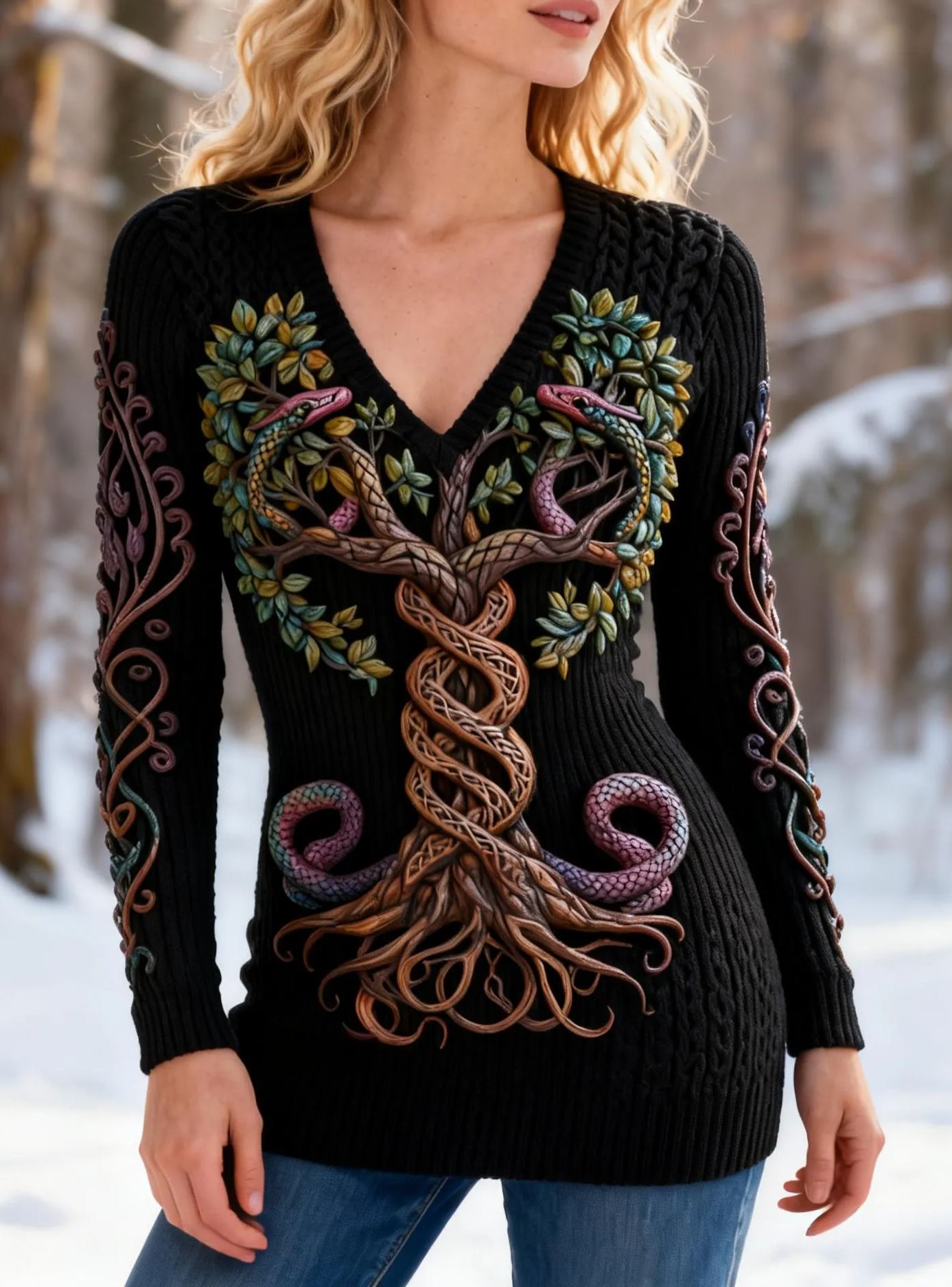 Vintage Viking Yggdrasil & Snake Embroidery V-Neck Cable Knit Sweater 