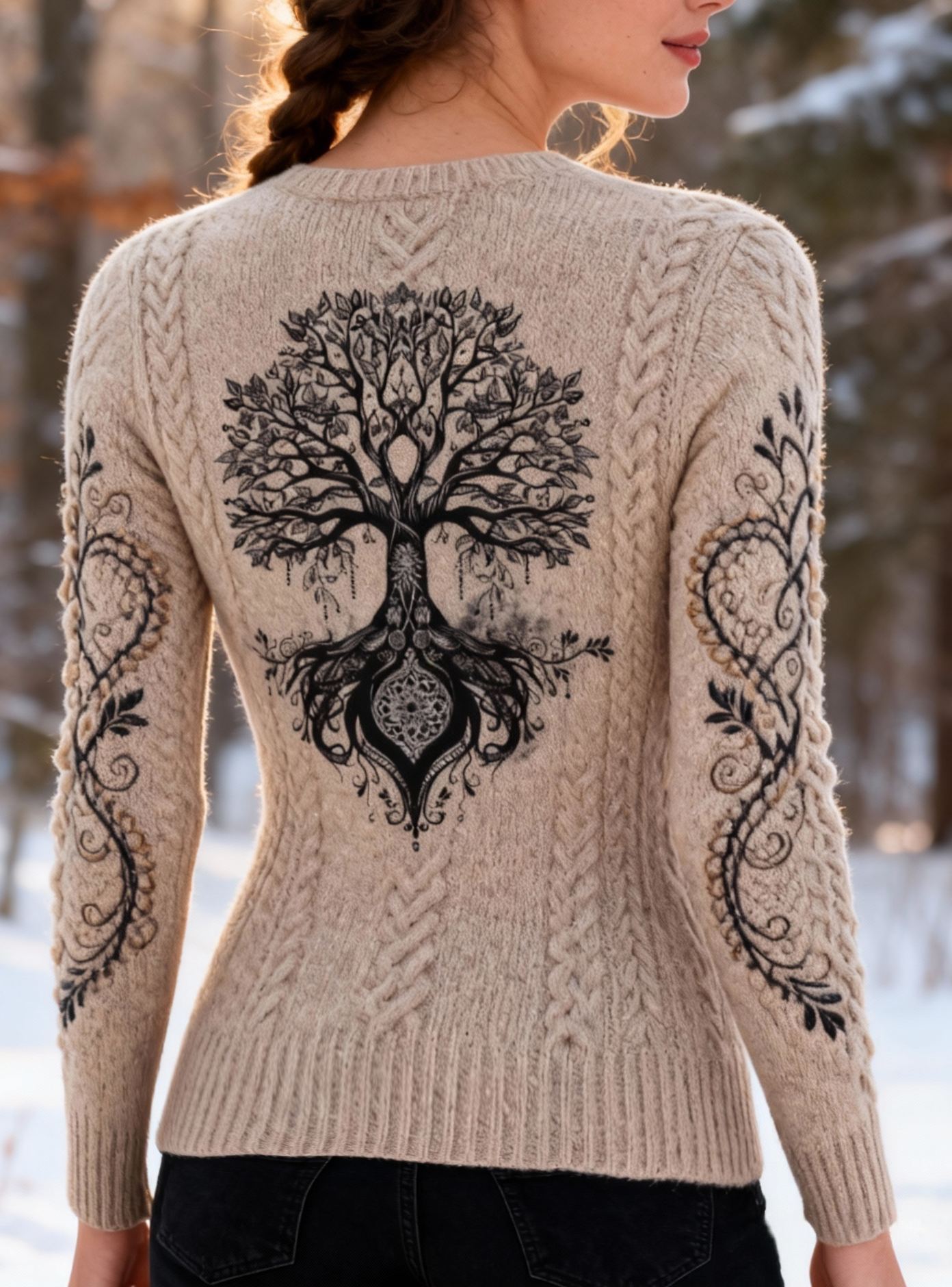 Viking Yggdrasil Tree Beige Cable Knit Long Sleeve V-Neck Sweater 