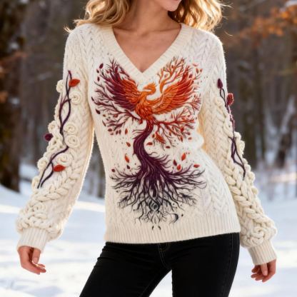 Vintage Phoenix & Tree 3D Embroidery Long Sleeve Cream V-Neck Cable Knit Sweater