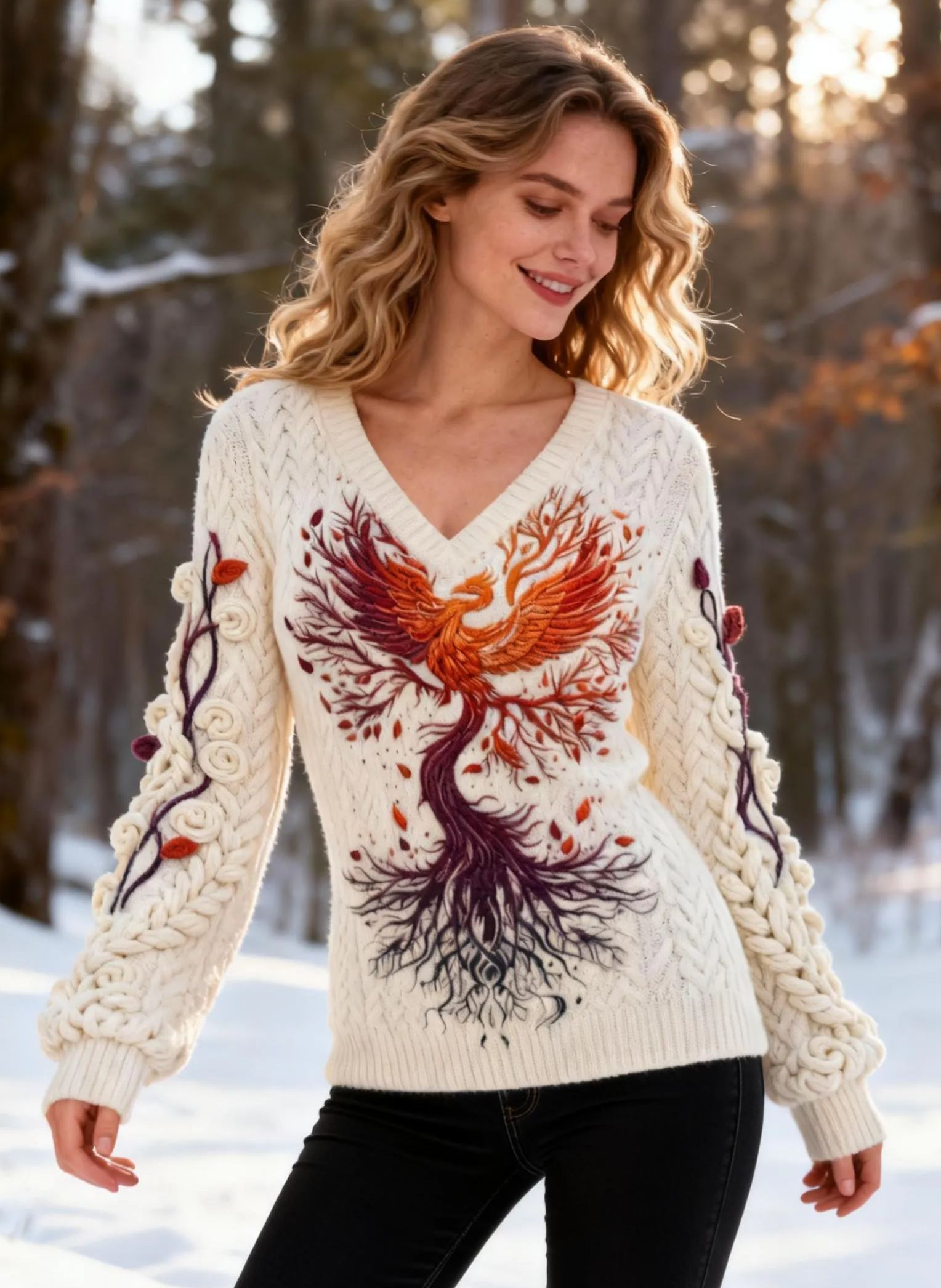 Vintage Phoenix & Tree 3D Embroidery Long Sleeve Cream V-Neck Cable Knit Sweater